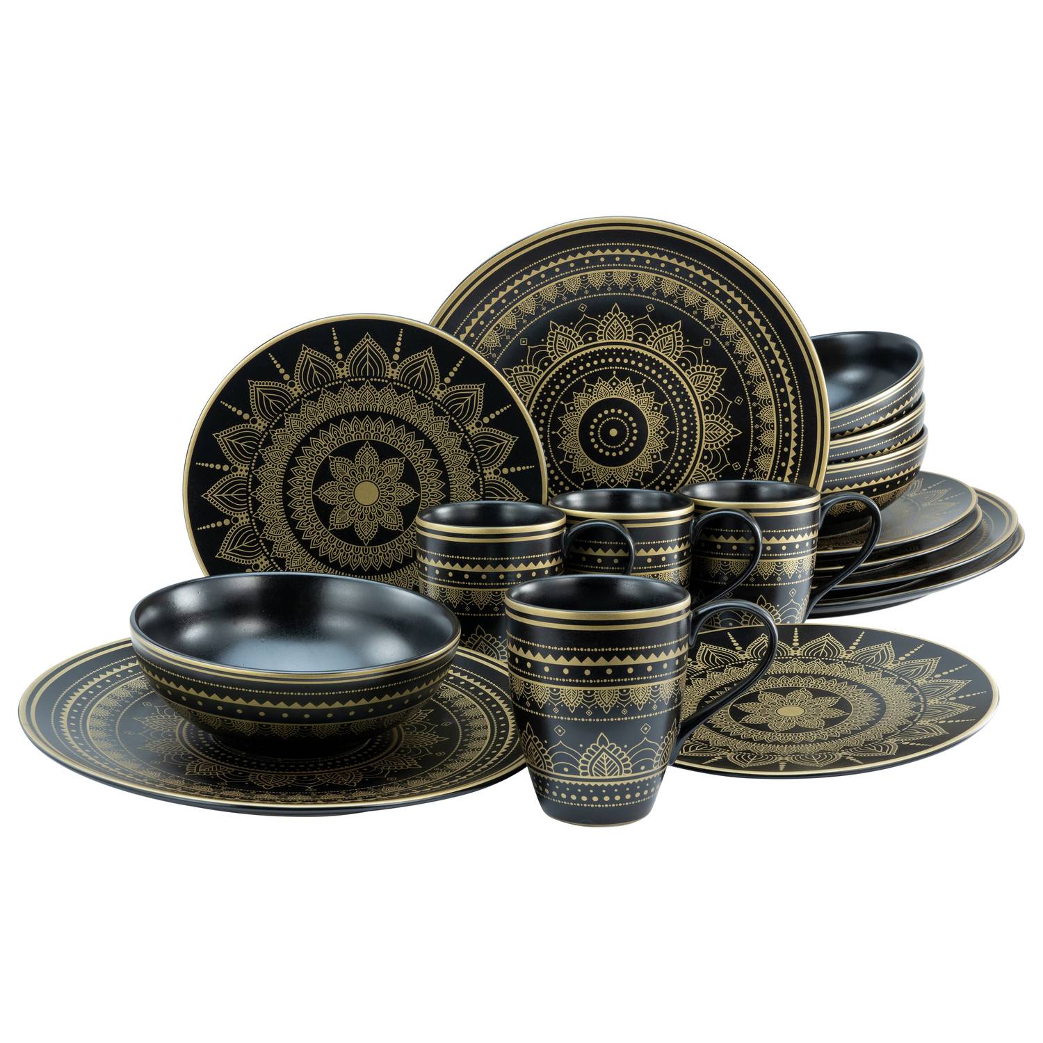 CreaTable 23586 Kombiservice Mandala für 4 Personen, Steinzeug, schwarz/gold (1 Set, 16-teilig)