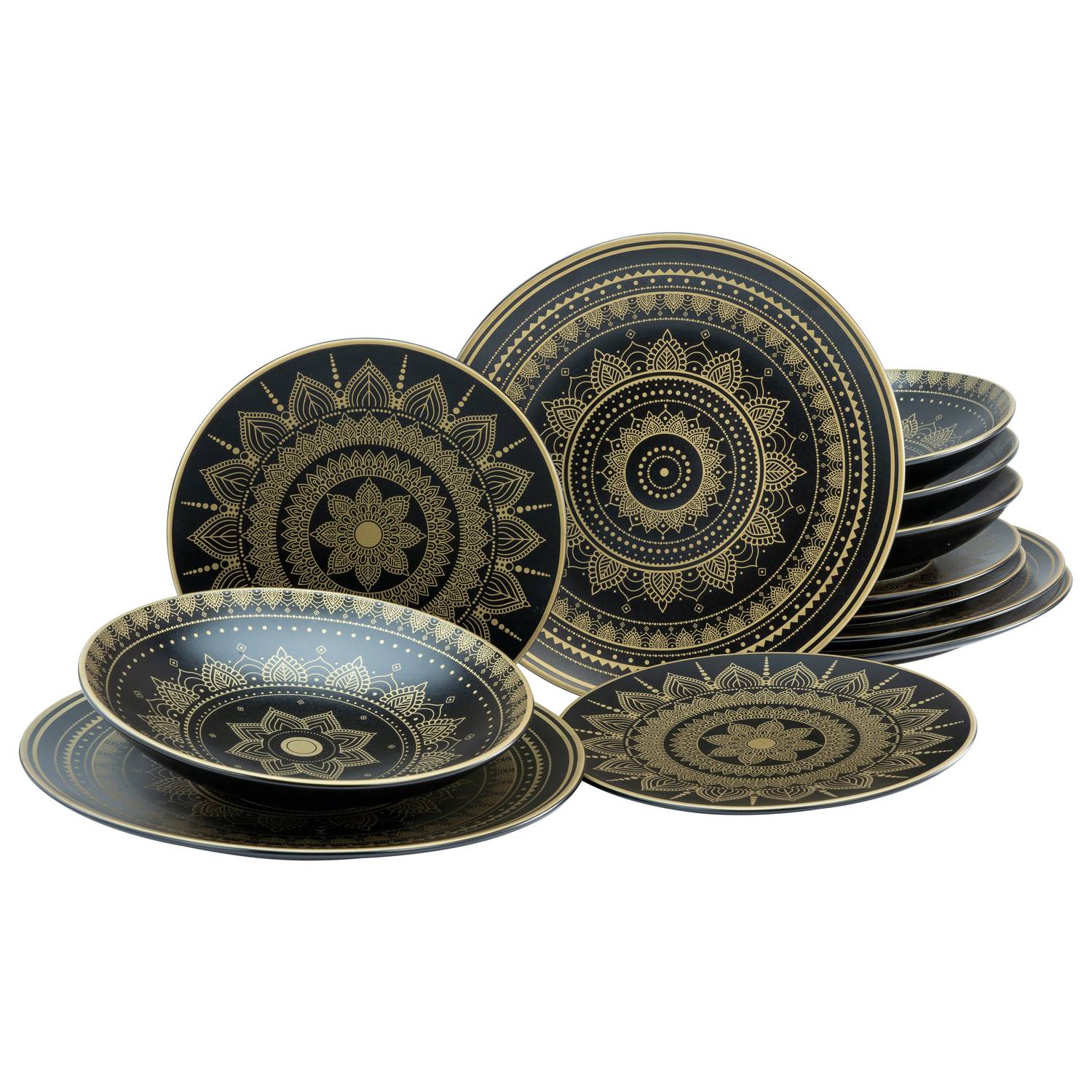CreaTable 23588 Tafelservice Mandala für 4 Personen, Steinzeug, schwarz/gold (1 Set, 12-teilig)