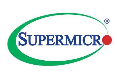 Supermicro-Logo in blauem Text, umgeben von einem grünen Oval mit einem roten Punkt und einem Registered-Trademark-Symbol.