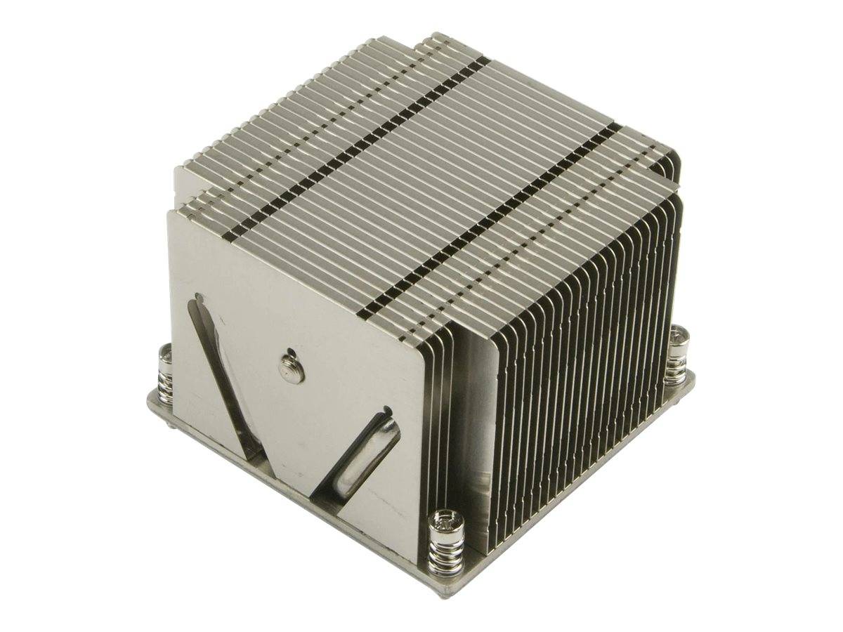 Kühlkörper für Computerprozessor mit gestapelten Metallrippen und Befestigungsclips auf weißem Hintergrund.
