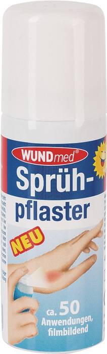Das Bild zeigt eine Sprühflasche mit der Bezeichnung 'WUNDmed Sprühpflaster', was auf ein Sprühpflaster-Produkt hindeutet, mit einer lächelnden Sonne auf dem Etikett.