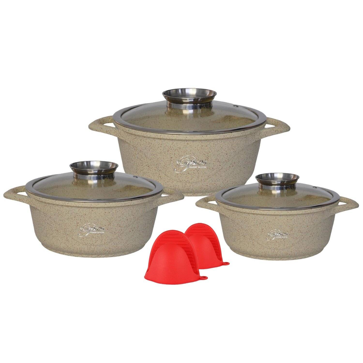 Kochgeschirr 6 teilig Topf Induktion Alu Guss ø 20-28cm Topf Kochtopfset mit Silikongriffe Aluminium Guss Beige