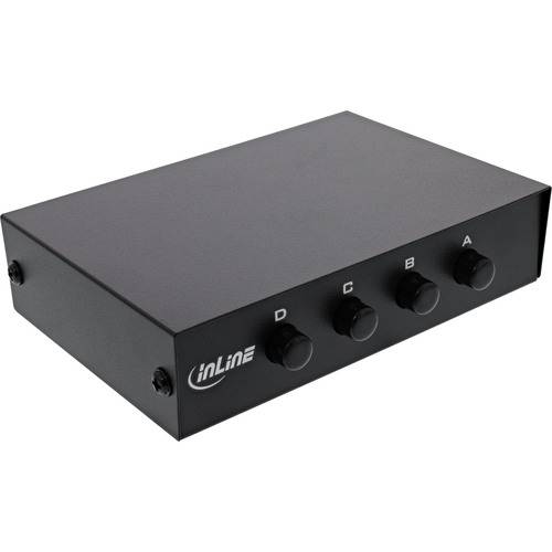 Eine schwarze Audio-Schaltbox mit vier beschrifteten Reglern: D, C, B und A. Das Markenlogo „INLINE