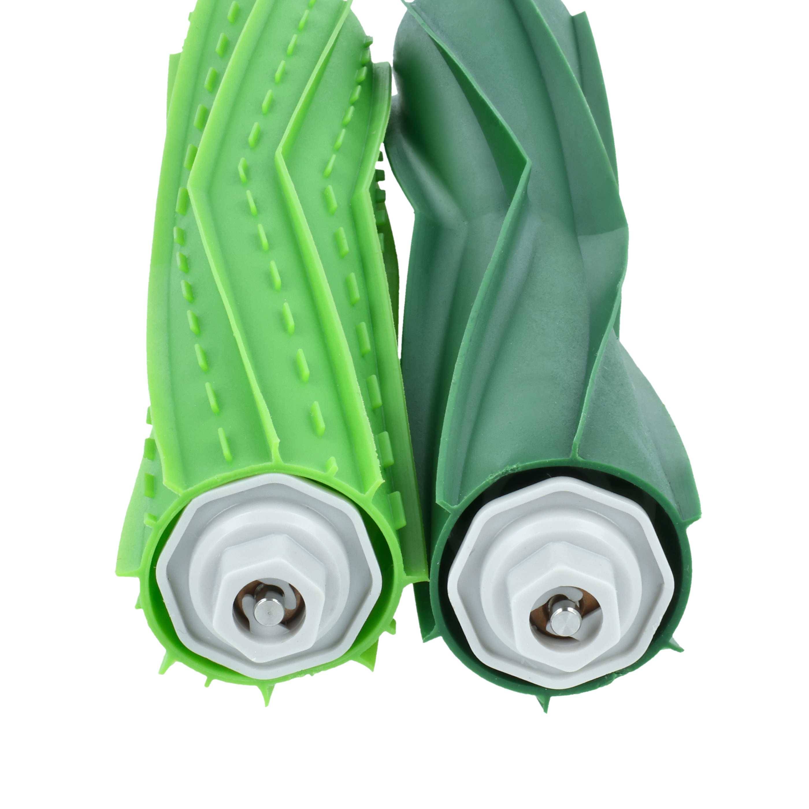 Zwei grüne Saugbürsten mit Spiralmustern und sechseckigen Enden, die für eine effektive Schmutzsammlung entwickelt wurden.
