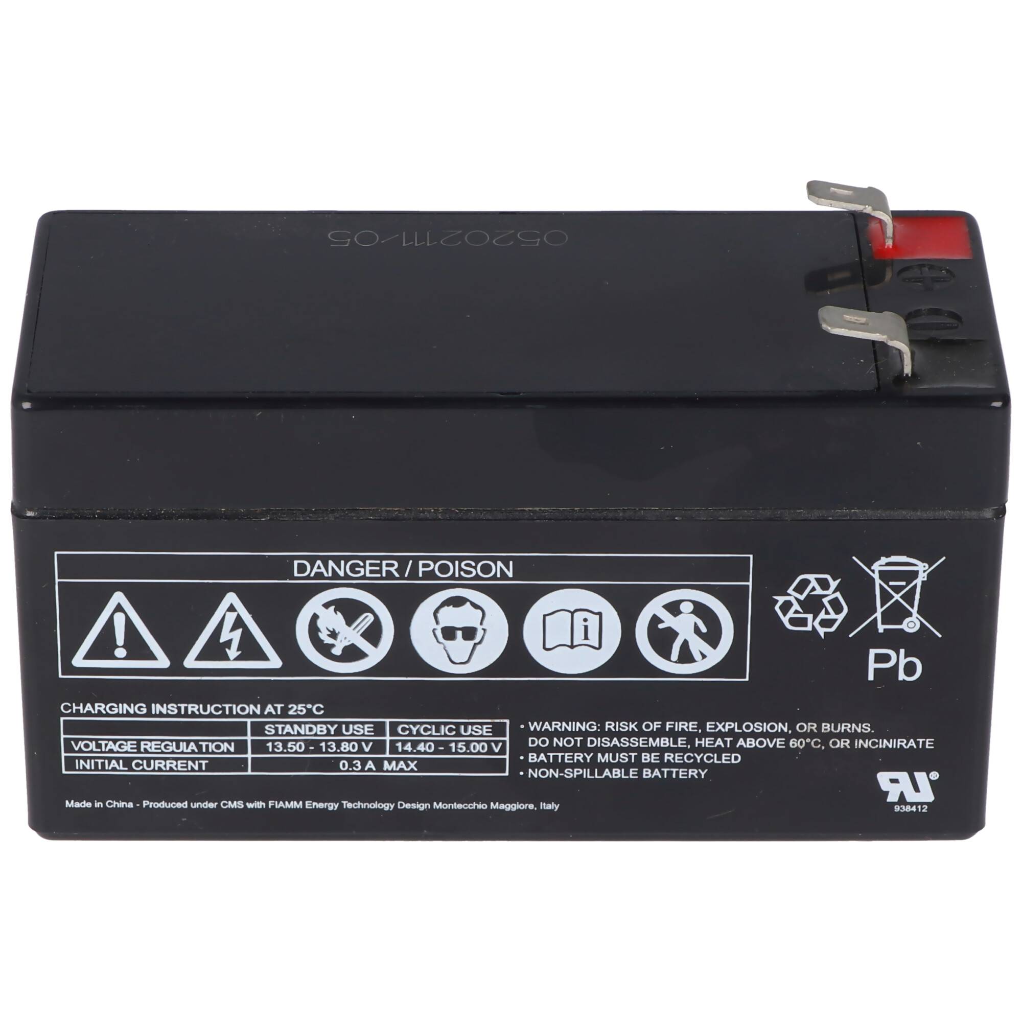 Fiamm FG20121A 12V 1,2Ah Abmessungen 97,0 x 42 x 59,0 mm, 4,8mm Faston Steckkontakte