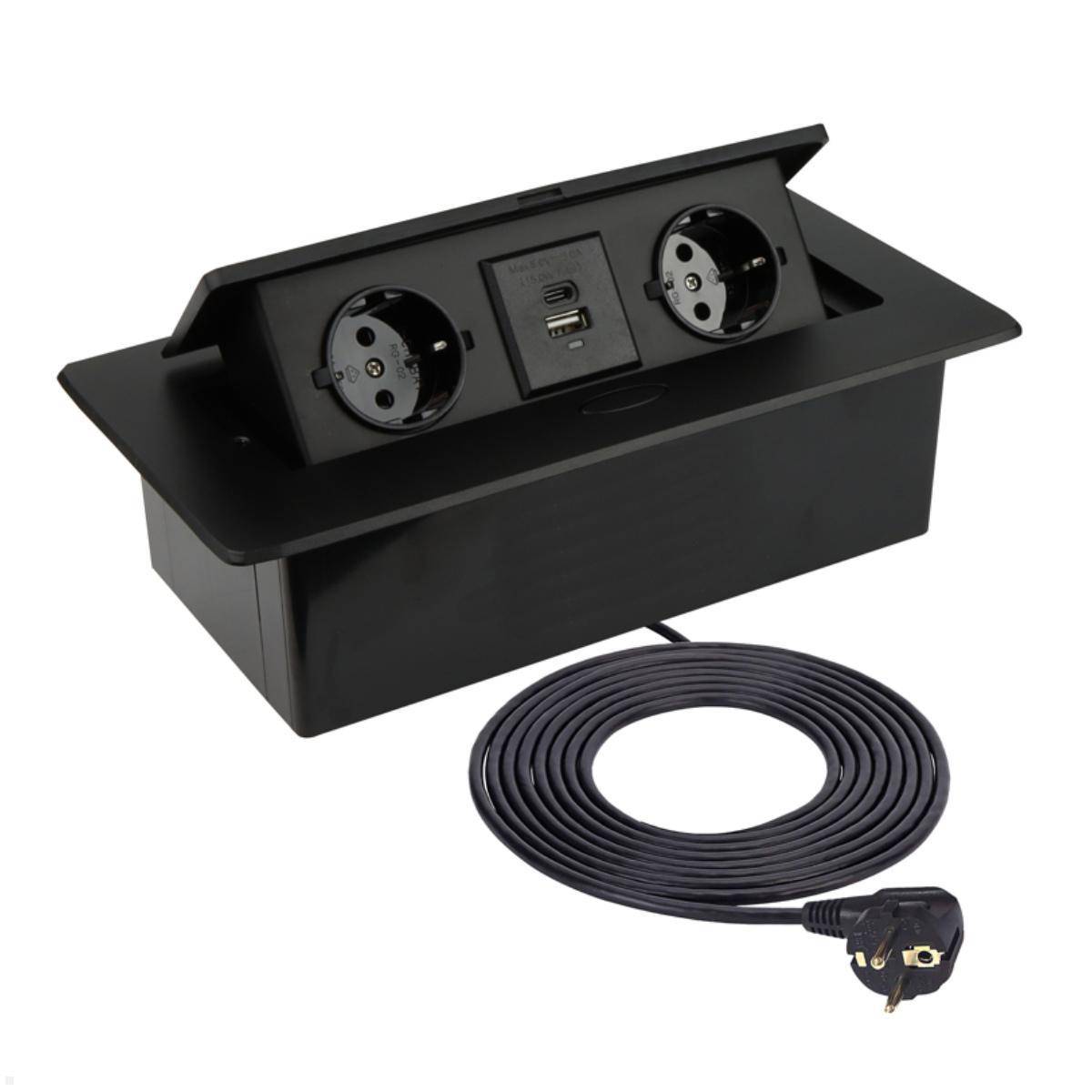 Schwarze Pop-up-Steckdosenleiste mit zwei Steckdosen und USB-Anschlüssen, ausgestattet mit einem verlängerten Netzkabel, entwickelt für bequemen elektrischen Zugang.
