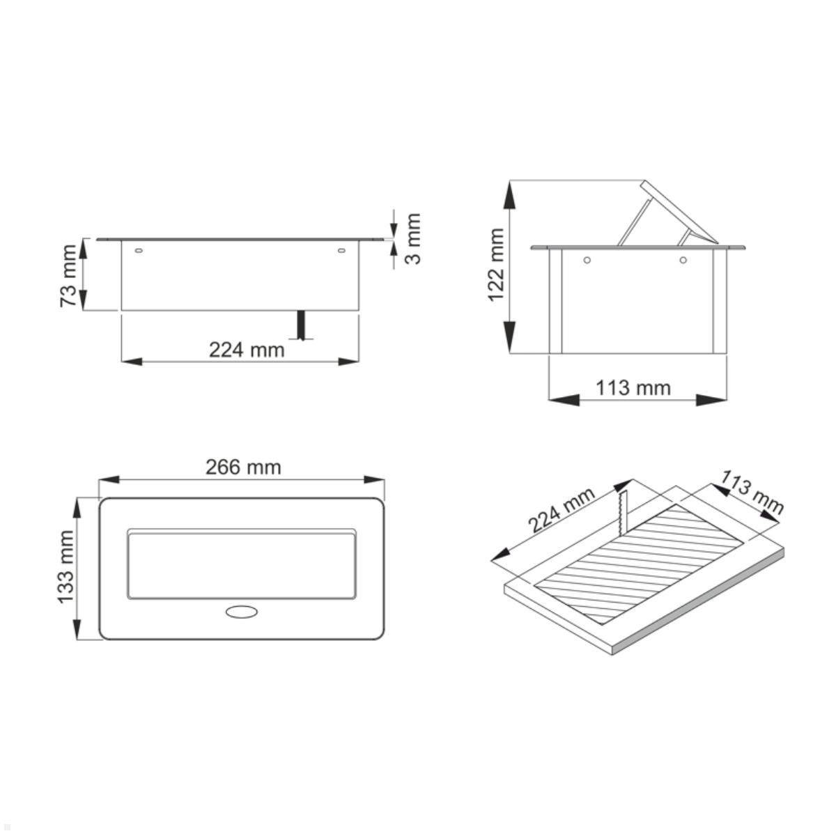 Technische Zeichnung eines rechteckigen elektronischen Geräts mit Abmessungen: 224 mm × 73 mm × 3 mm. Es verfügt über eine Neigefunktion in einer Höhe von 122 mm.
