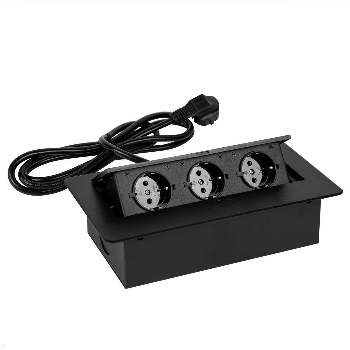 TecLines TES011B 3-fach Einbausteckdose mit 3m Kabel, schwarz