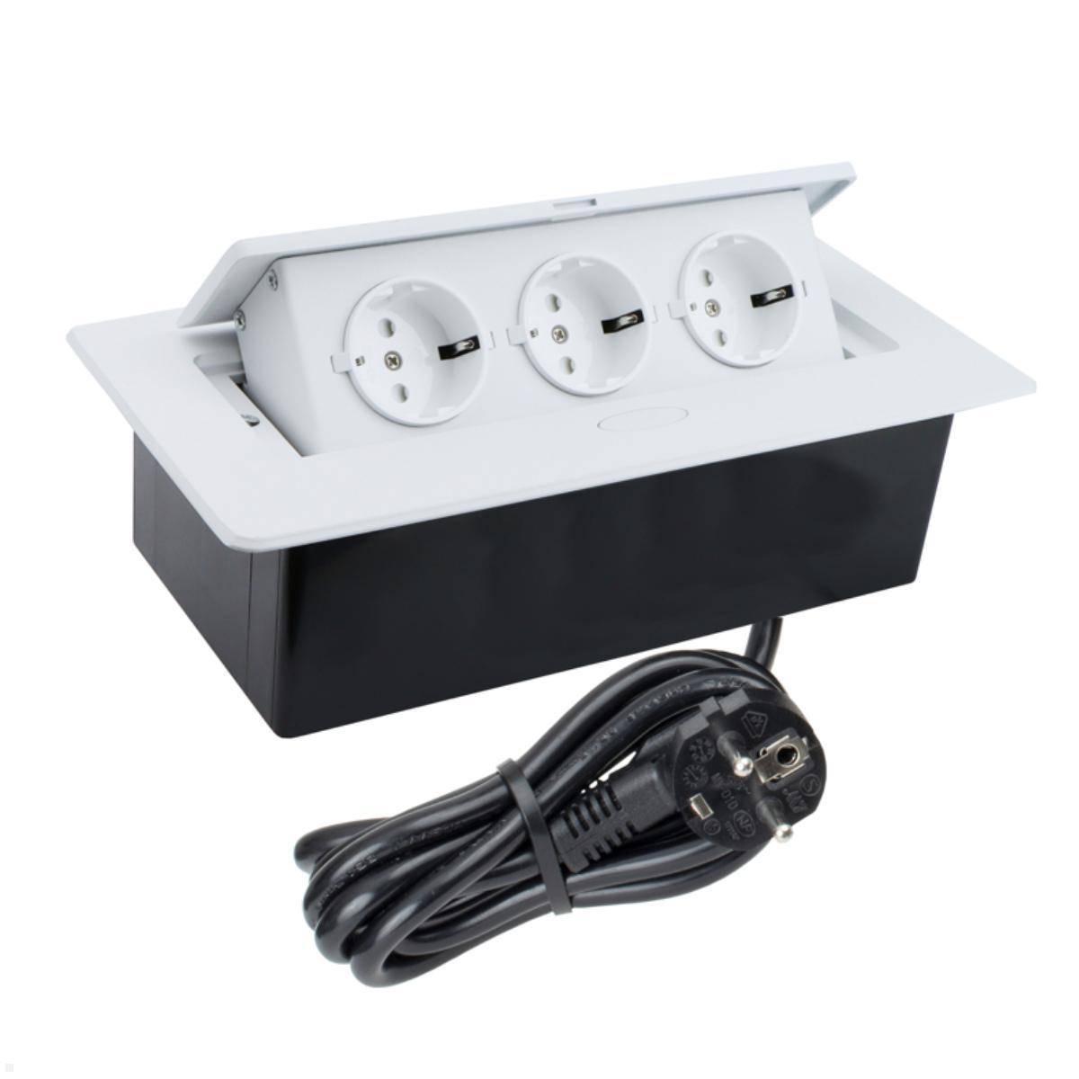 Ein rechteckiger, ausziehbarer Steckdosenleiste mit drei europäischen Steckdosen in einem weißen Rahmen. Ein schwarzes Kabel ragt aus der Basis heraus.