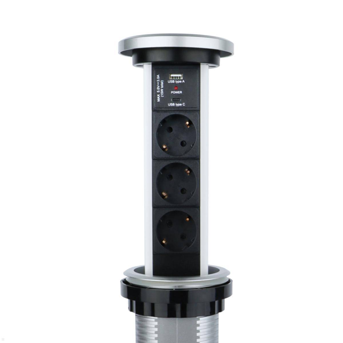 TecLines TVS006S versenkbare 3-fach Steckdosenleiste mit USB A/C, Qi, silber