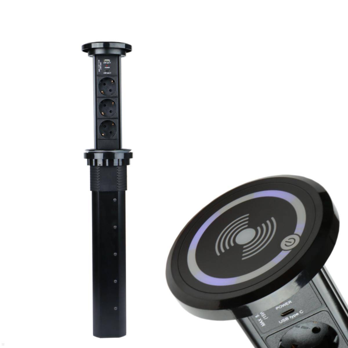 Ausfahrbare Stromverteilersäule mit drahtloser Ladeplatte oben, ausgestattet mit mehreren Steckdosen und USB-Anschlüssen für vielseitige Lademöglichkeiten.