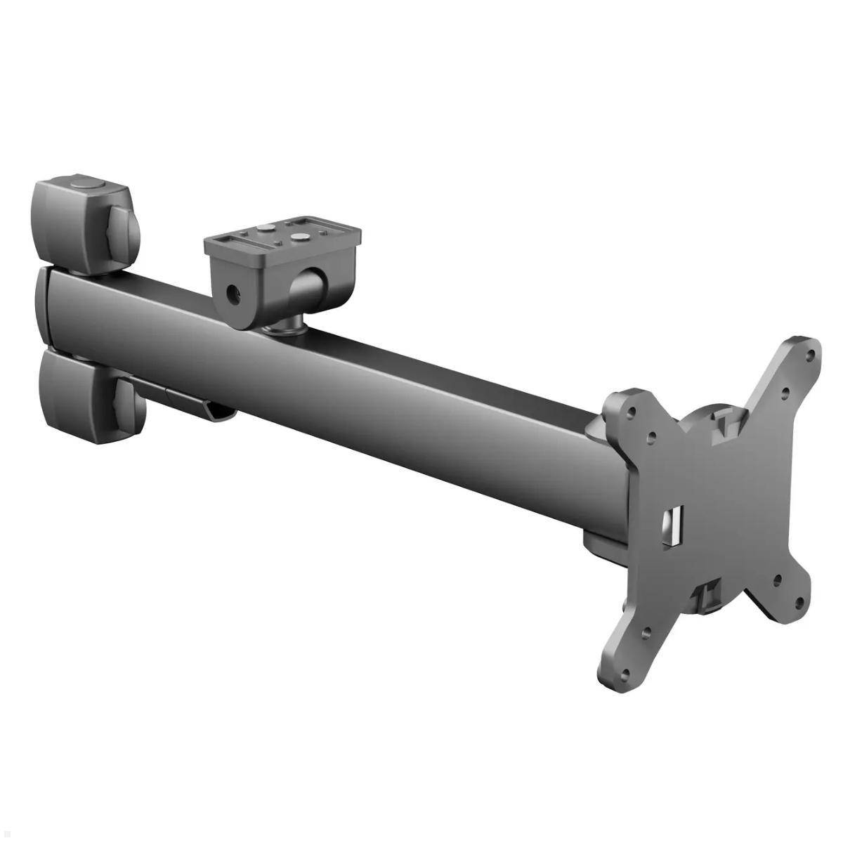 Ein schwarzer, verstellbarer Monitorarmhalter mit mehreren Gelenken und einer VESA-Platte, entwickelt für flexible Bildschirmpositionierung auf einem Schreibtisch.