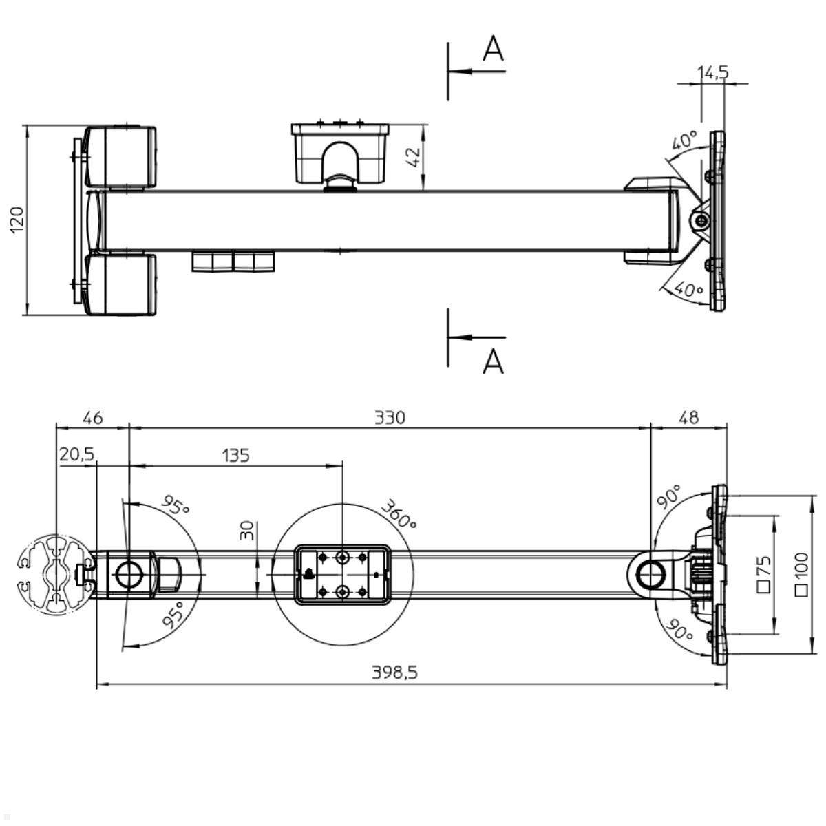Technische Zeichnung eines mechanischen Arms mit Dimensionen und Winkeln, wobei Schlüsselmessungen entlang der Länge und an den Gelenken beschriftet sind.