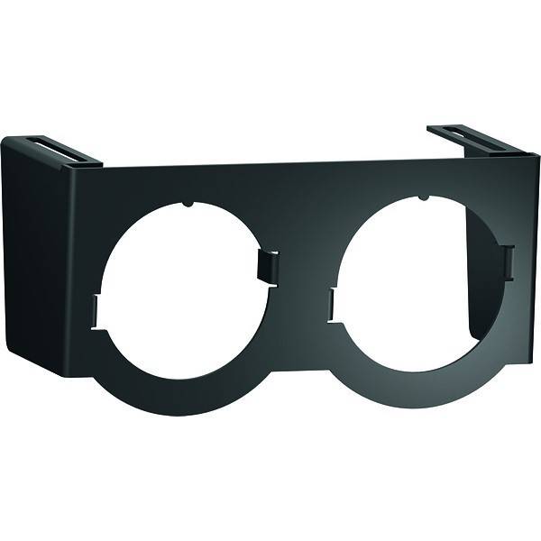 Ein schwarzer Dual-Lüfterhalterungsbügel mit kreisförmigen Öffnungen und sicheren Befestigungspunkten an beiden Seiten, entwickelt zum Halten von zwei kleinen Lüftern.