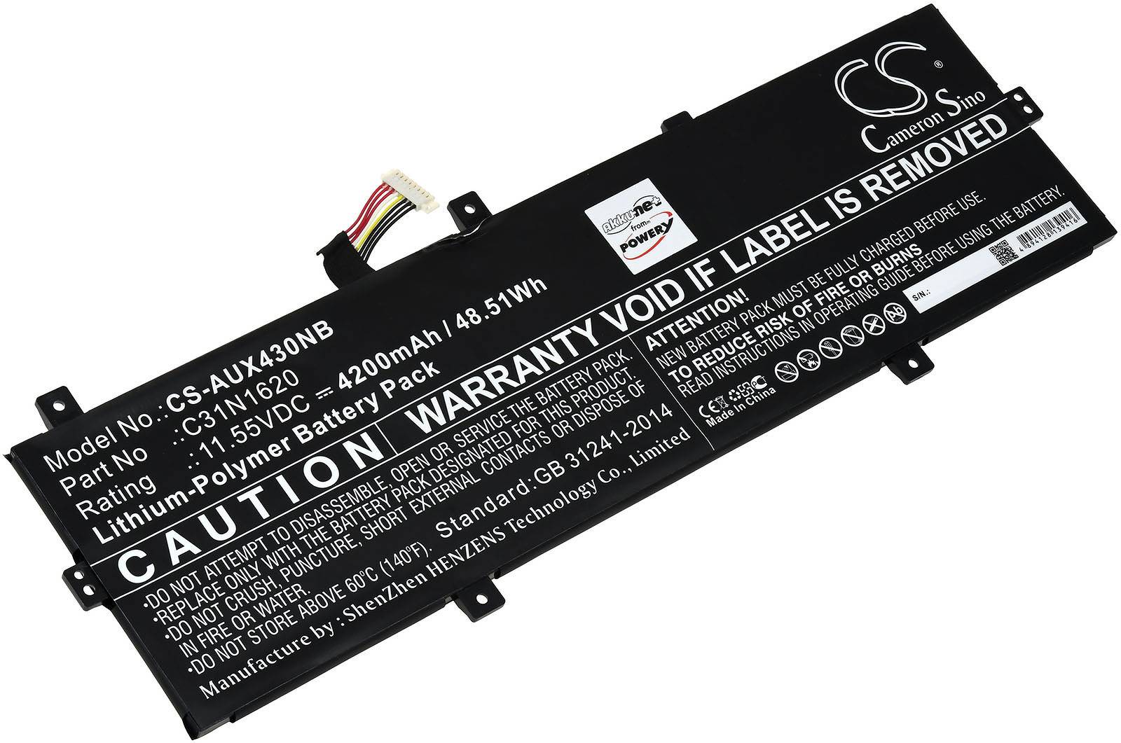 Powery Akku für Laptop Asus ZenBook UX430UQ-0041A7200U, 11,55V, Li-Polymer