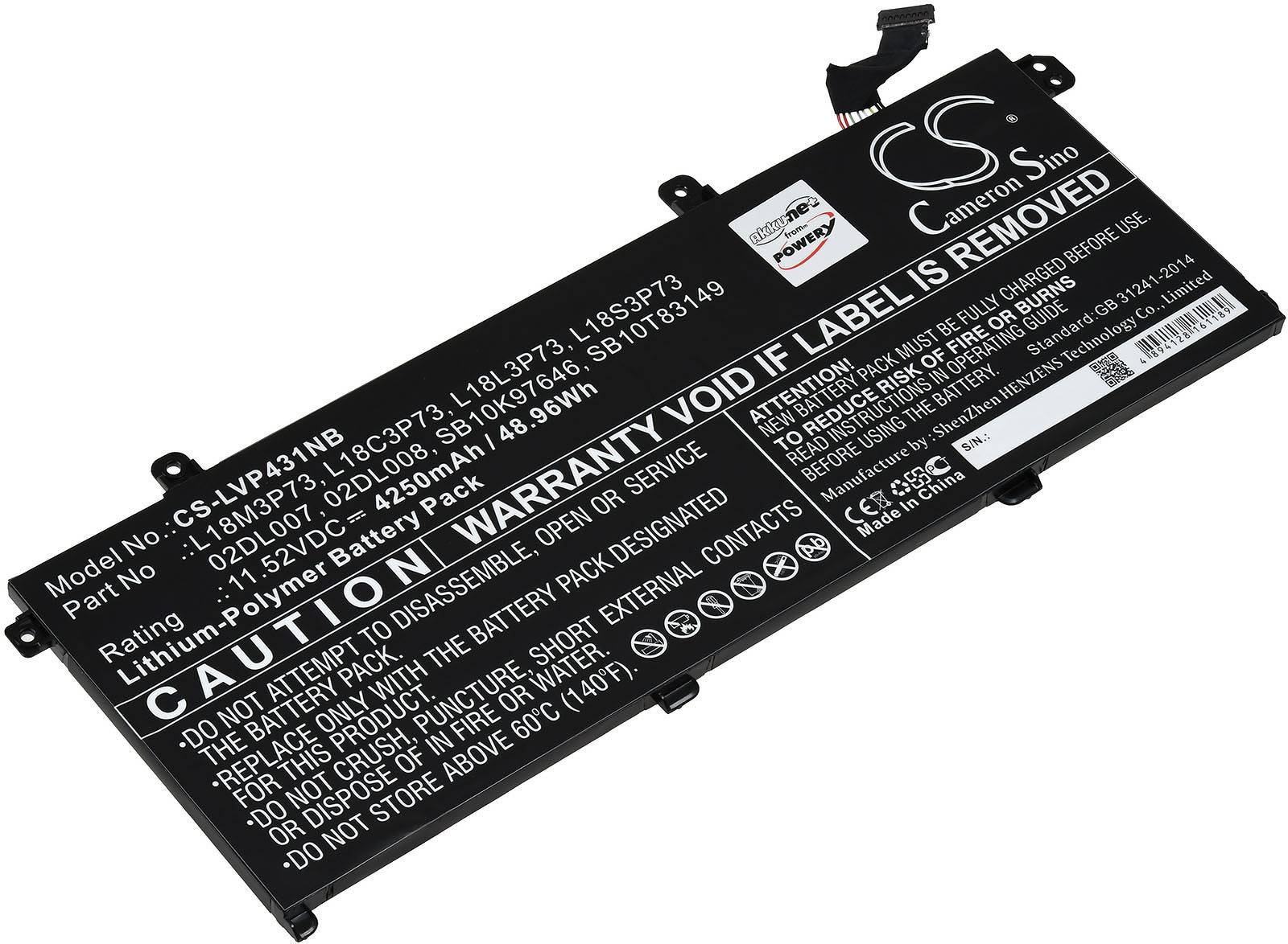 Powery Akku passend für Laptop Lenovo ThinkPad T490, Typ L18M3P73, Typ SB10T83149, 11,52V, Li-Polymer