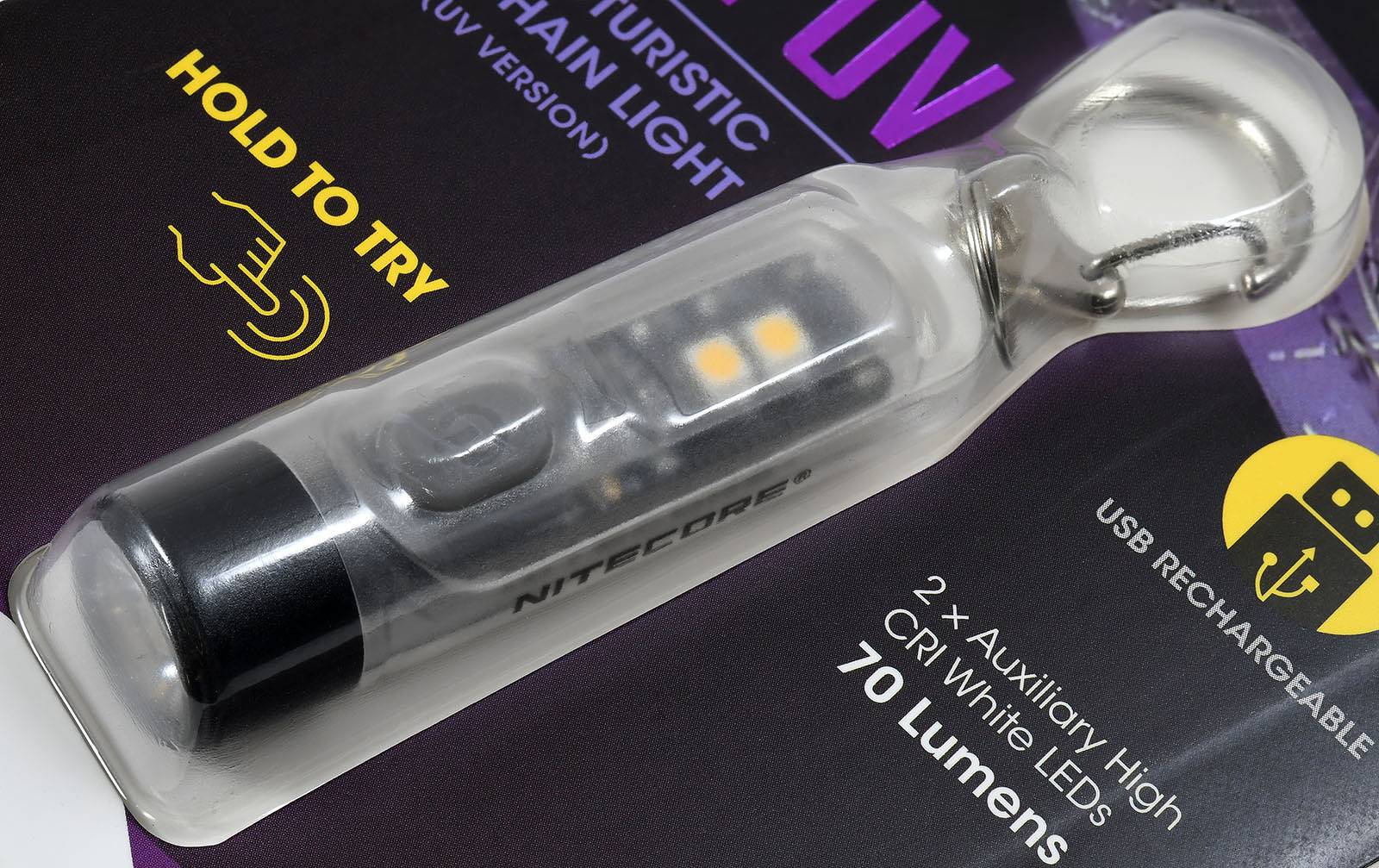 Schlüsselanhänger-Taschenlampe Nitecore TIKI UV - 1000mW mit USB-C Port transparent, Li-Ion