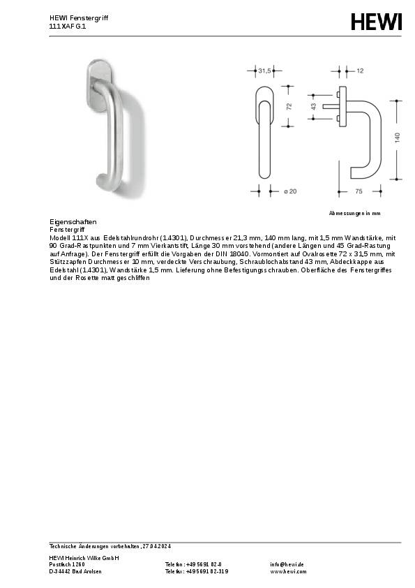 Fenstergriff 111XAFG VA ma geschl.30mm Stand.HEWI