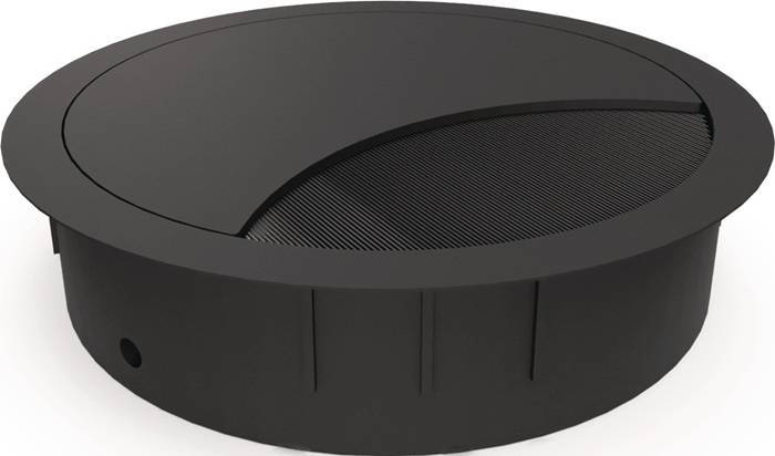 Eine runde, schwarze Grillabdeckung mit einer teilweise offenen Netzoberflächs, die Luftzirkulation ermöglicht. Die Abdeckung ist vor einem einfarbigen Hintergrund platziert.