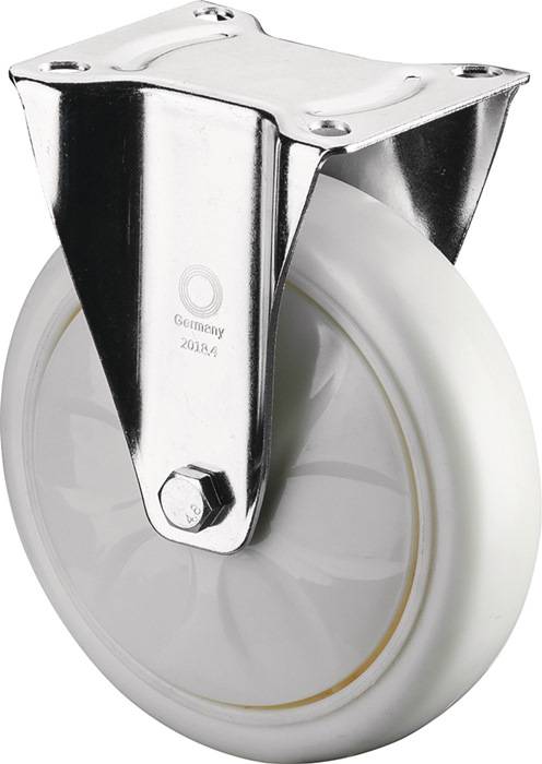 Ein weißes Lenkrad mit einer glänzenden Metallhalterung und sichtbarer Schraube, entwickelt für Mobilität, häufig unter Möbeln oder Ausrüstung eingesetzt.