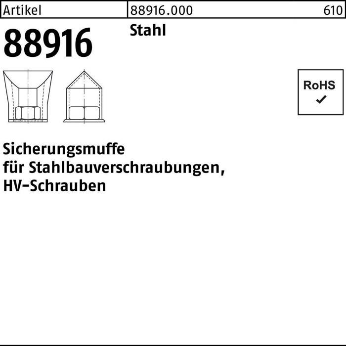 Diagramm zeigt eine Sicherungsmanschette für Stahlbauschrauben, Artikelnummer 88916. „RoHS