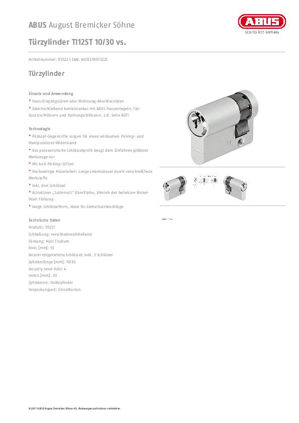 Profilhalbzylinder TI12ST 10/30 vs.30/10mm Anz.Schlüssel:3 versch.-schl.ABUS