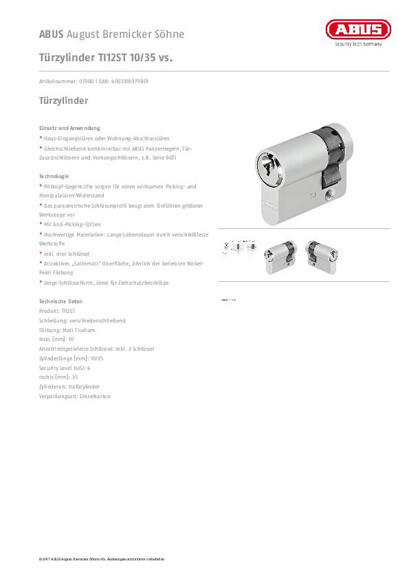 Profilhalbzylinder TI12ST 10/35 vs.35/10mm Anz.Schlüssel:3 versch.-schl.ABUS