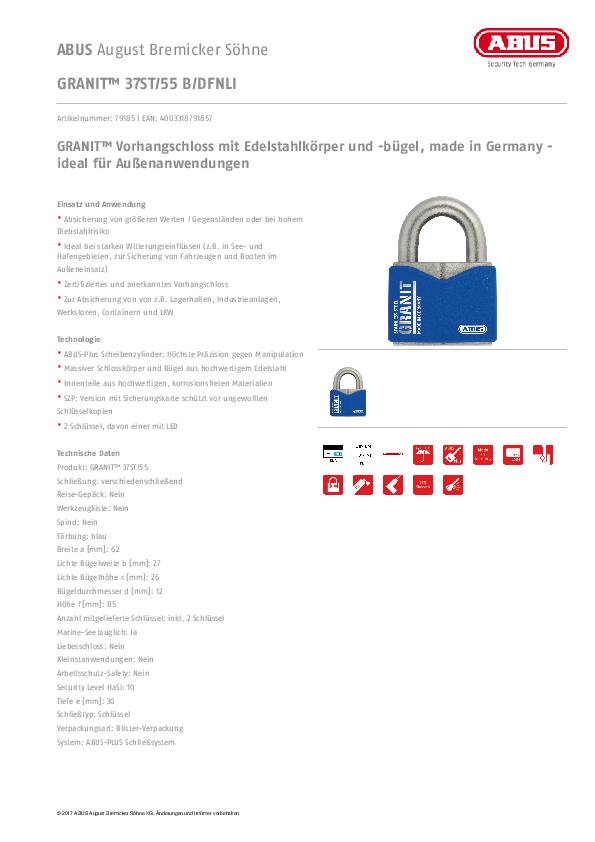 Zylindervorhangschloss 37ST/55 B/DFNLI Schlosskörper-B.62mm VA versch.-schl.ABUS