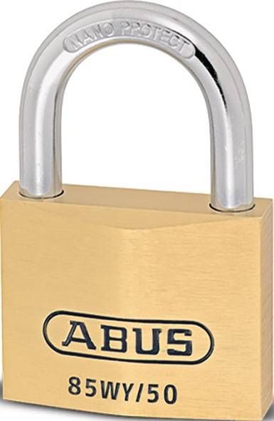 Ein Messingvorhängeschloss mit dem Markennamen 'ABUS' auf der Vorderseite.