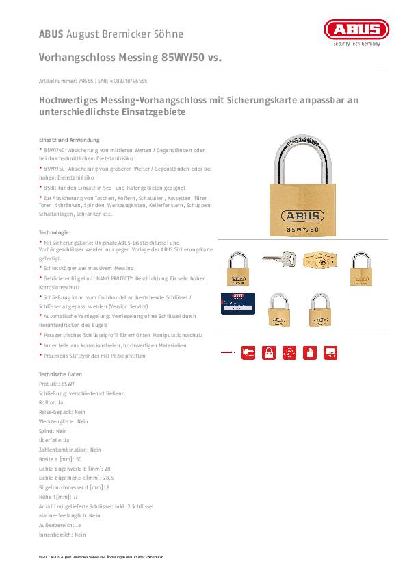 Zylindervorhangschloss 85WY/50 vs.Schlosskörper-B.50mm MS versch.-schl.ABUS