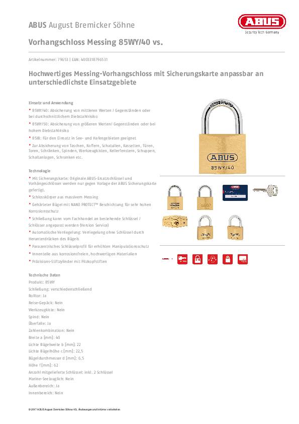 Zylindervorhangschloss 85WY/40 vs.Schlosskörper-B.40mm MS versch.-schl.ABUS