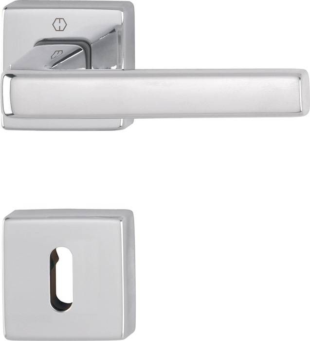 Ein silberner Türgriff mit elegantem, modernem Design, kombiniert mit einer passenden Schlüssellochblende, der häufig für Innentüren verwendet wird.