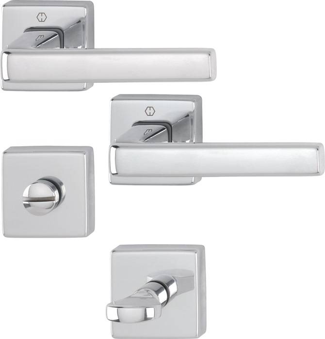 Rechteckige Metalltürgriffe und Schlösser mit modernem quadratischem Plattendesign werden in einer Silberoptik vor weißem Hintergrund präsentiert.