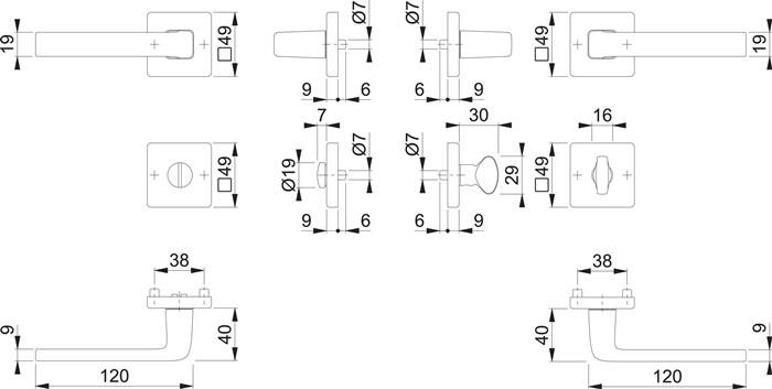Technische Zeichnung eines Türgriffs, Vorder- und Seitenansicht mit Maßangaben, einschließlich Durchmesser und Entfernungen in Millimetern.