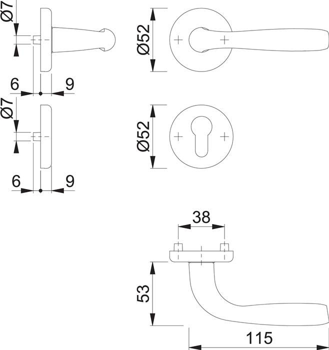 Technische Zeichnung eines Türgriff-Sets mit Abmessungen: Griffläge 115 mm, Rosettendurchmesser 52 mm, Schlüssellochrosette 52 mm, Ausladung 53 mm.