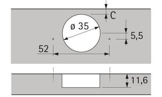 Technische Zeichnung mit einem Abschnitt, der einen zentralen Kreis mit der Beschriftung 'Ø 35' zeigt. Horizontale Dimension vom Kreismittelpunkt ist '52'. Vertikale Dimension ist mit 'C' beschriftet.