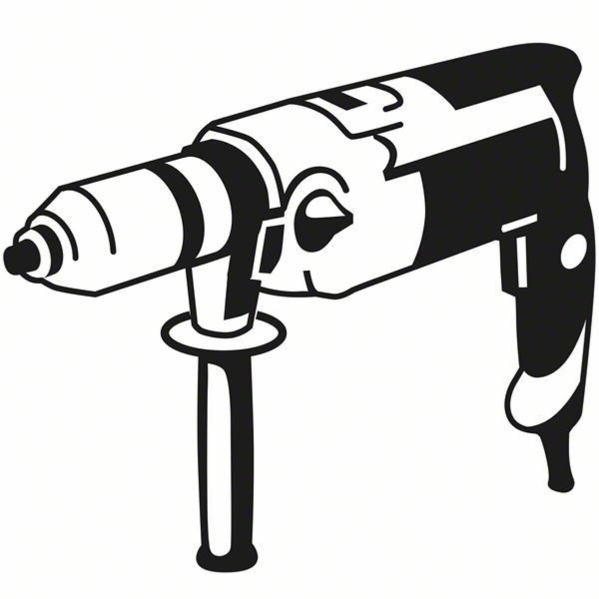 Illustration einer Bohrmaschine mit Seitengriff, in Schwarz-Weiß dargestellt.