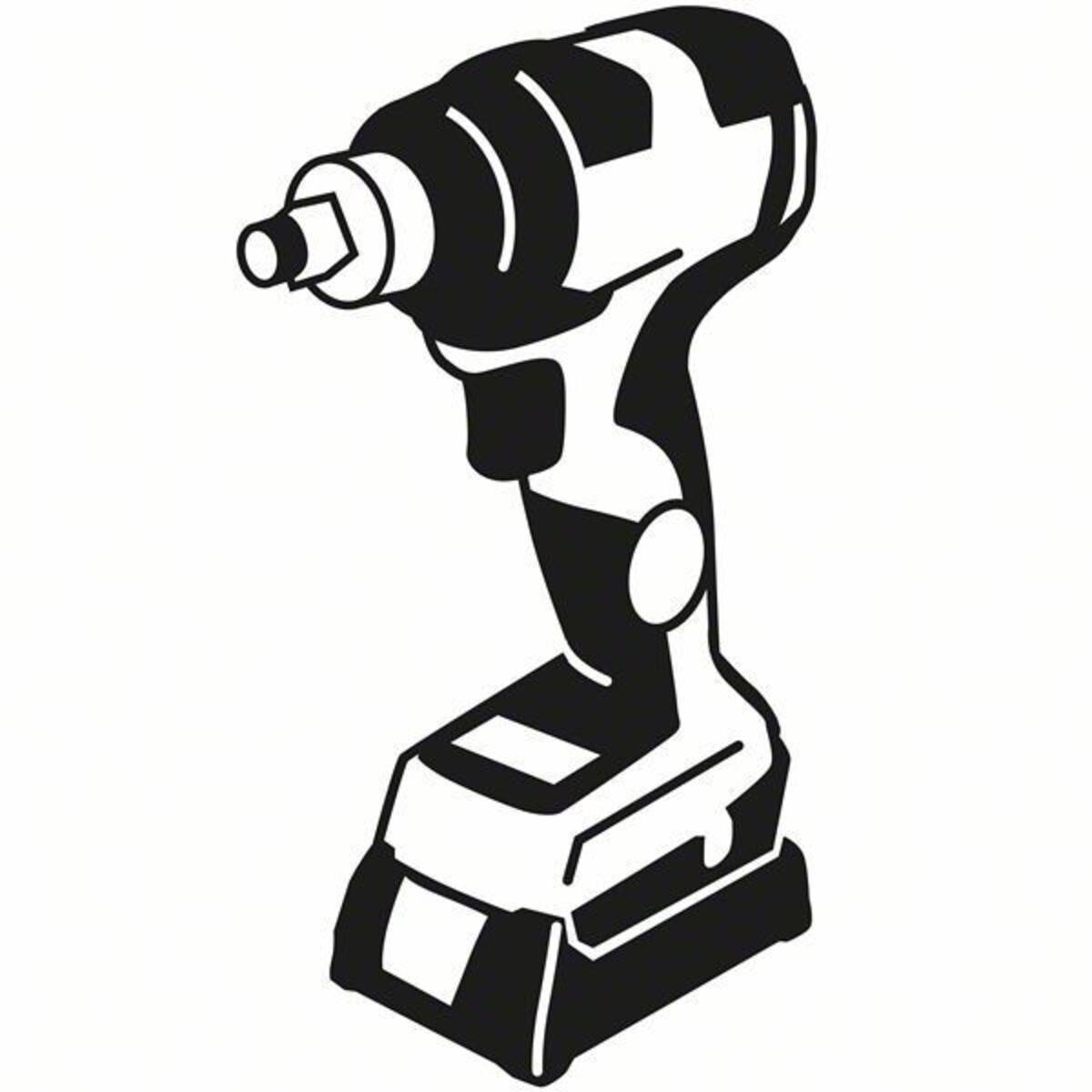 Darstellung einer kabellosen Akku-Bohrmaschine in Schwarz-Weiß, die eine Seitenansicht mit angesetztem Akkupack an der Unterseite zeigt.