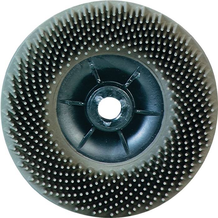 Eine kreisförmige Metallschleifscheibe mit kleinen, gleichmäßig angeordneten vorstehenden Stacheln und einem zentralen Loch zur Befestigung an einem Schleifgerät.