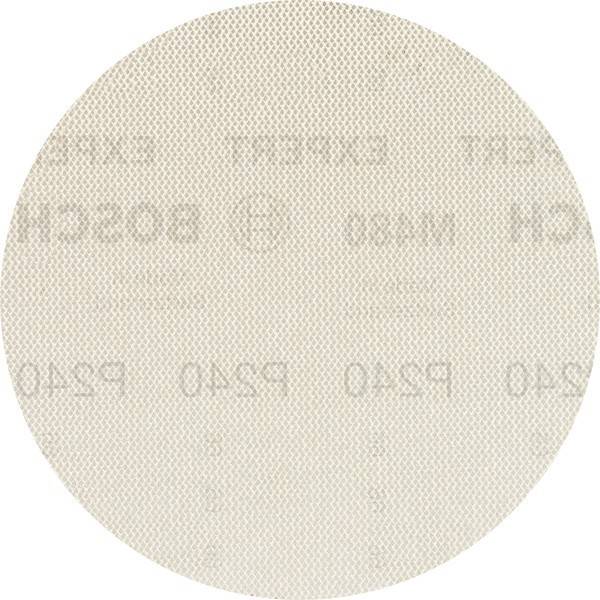 Ein beiger, kreisförmiger Schleifdisc mit einer Körnung von P240 mit leicht sichtbarem 'BOSCH'-Schriftzug, verwendet zum Glätten von Oberflächen in der Holz- und Metallverarbeitung.