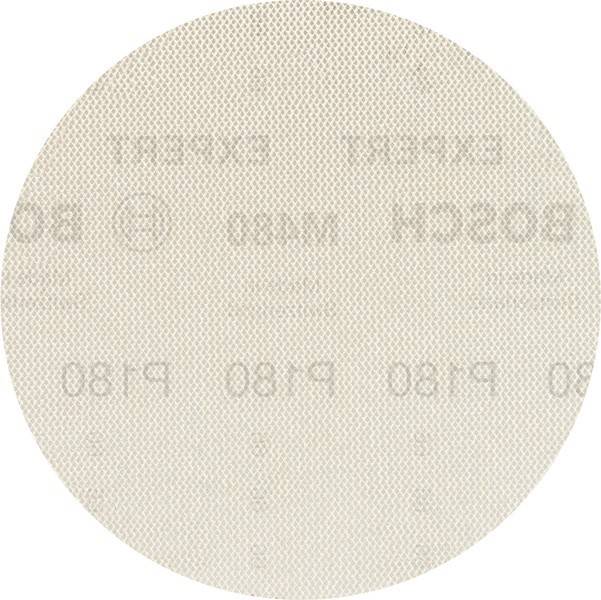 Ein rundes Stück Bosch-Schleifpapier, beige in der Farbe, gekennzeichnet mit ‚P180' zur Angabe der Körnung, verwendet zum Glätten von Oberflächen in der Holzbearbeitung.