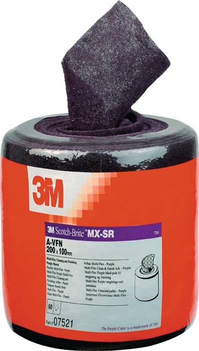Eine Rolle '3M Scotch-Brite MX-SR' Oberflächenbearbeitungsmittel mit roter Außenverpackung für industrielle Anwendungen.