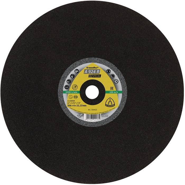 Eine Kreisschleifscheibe mit der Bezeichnung 'A 924 R Special' von Klingspor, hauptsächlich zum Schneiden von Metall verwendet, mit einer zentralen Befestigungsöffnung.