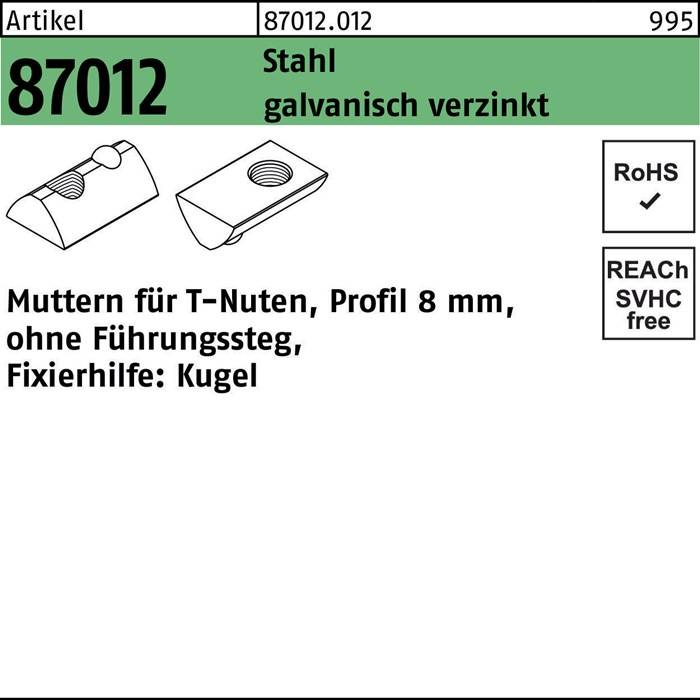 Die Abbildung zeigt ein Produktspezifikationsetikett für 'Artikel 87012', einen verzinkten Stahlgegenstand mit einem Profil von 8 mm. Es enthält Konformitätssymbole für RoHS und REACH.