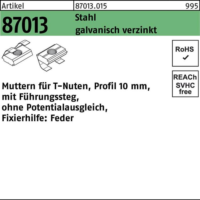 T-Nutenmutter R 87013 Führungssteg/o.Potentialausgl. 10mm M8 galv.verz. 100St.