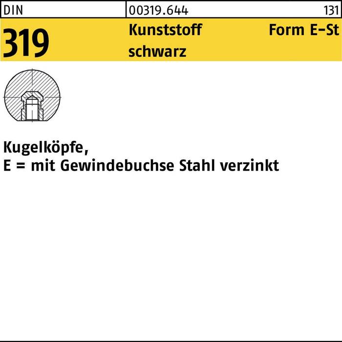 Kugelknopf DIN 319 FormE 25 M6 Ku. sw Stahlbuchse 25 Stück
