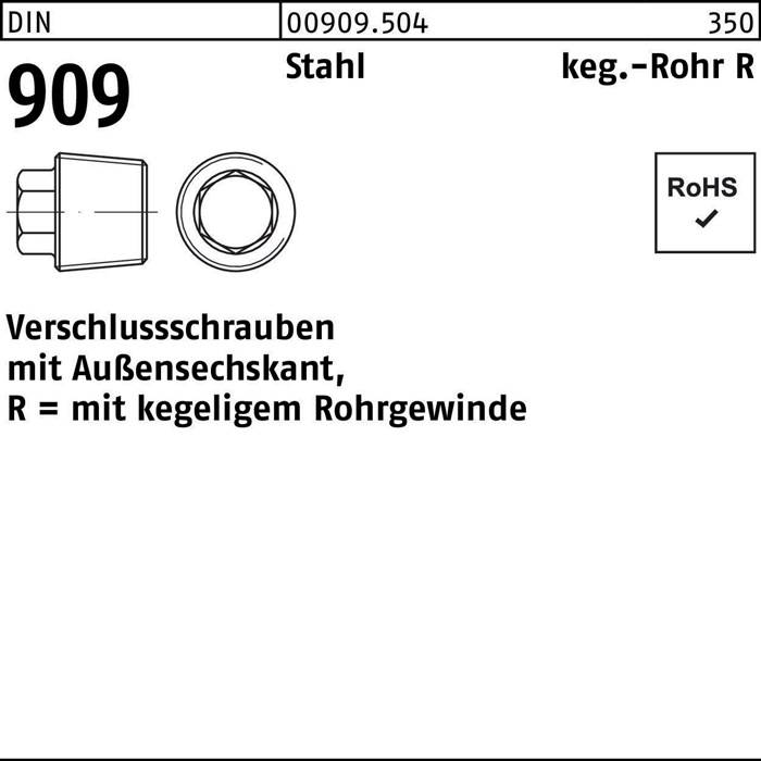 Verschlußschraube DIN 909 Außen-6-kt R 3/8 Stahl 50 Stück