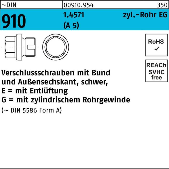 Verschlußschraube DIN 910-2 Bund/Außen-6-kt EG 1/4 A A5/1.4571 Entlüftung 10St.