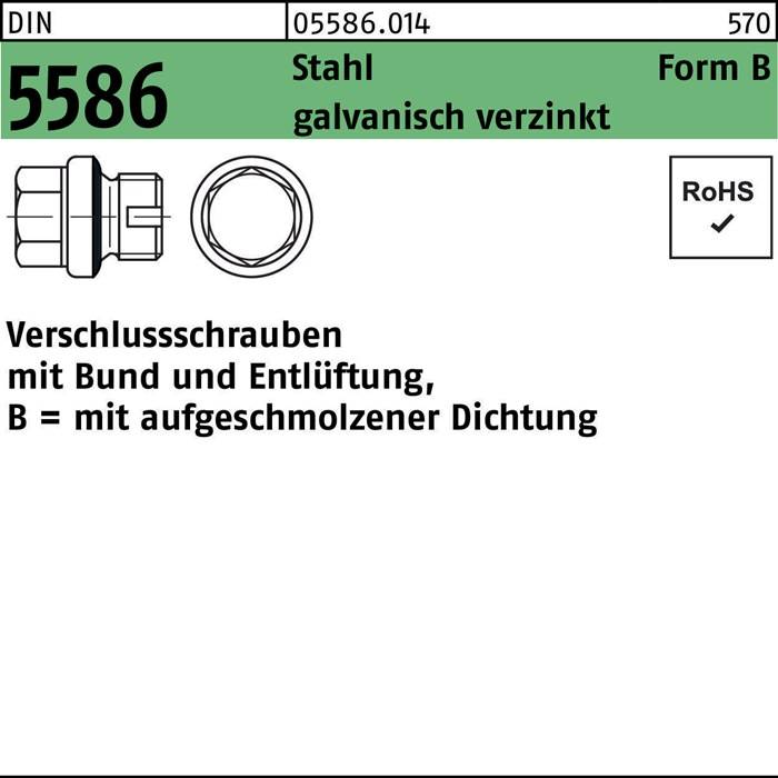 Verschlußschraube DIN 5586 FormB BG 1/4 A + Entlüftung Stahl gal Zn 100 Stück