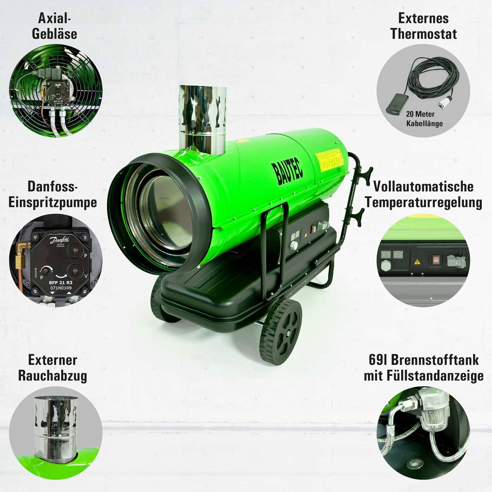 BAUTEC Ölheizgebläse 80 kW » Profiset mit 3 Schläuchen, Y-Verteiler, ext. Thermostat » Heizkanone Ölheizer Dieselheizer